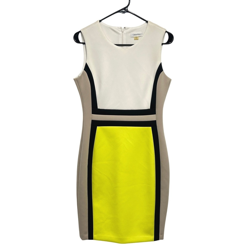 Calvin‎ Klein Colorblock Sheath Dress Size 8 Neon Bodycon Career Cocktail
